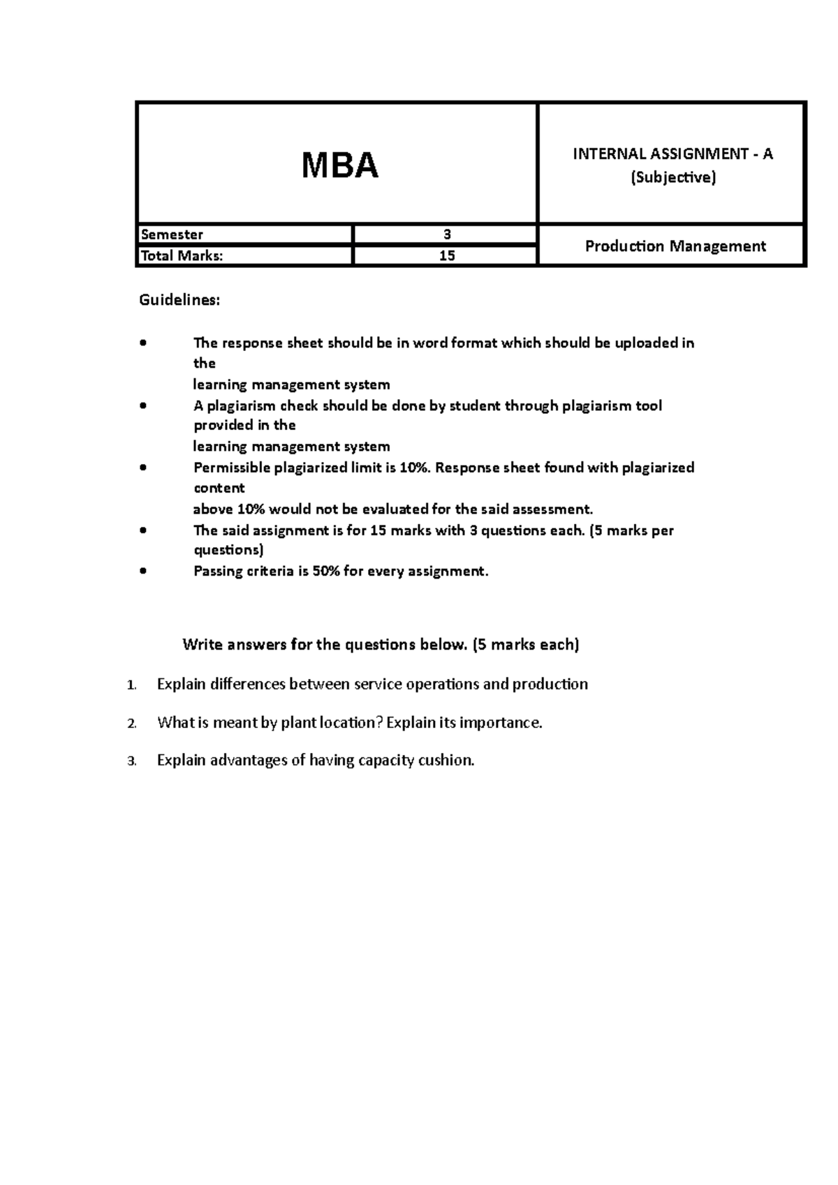 Production Management sem3 ass a - MBA INTERNAL ASSIGNMENT - A ...