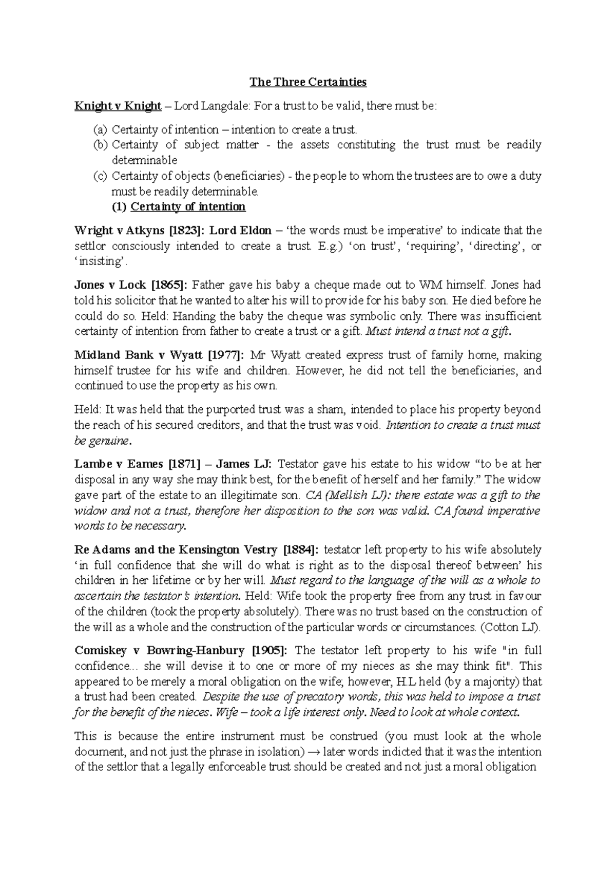 Three Certainties in Trust Law - LLB Final Exam Notes - Studocu