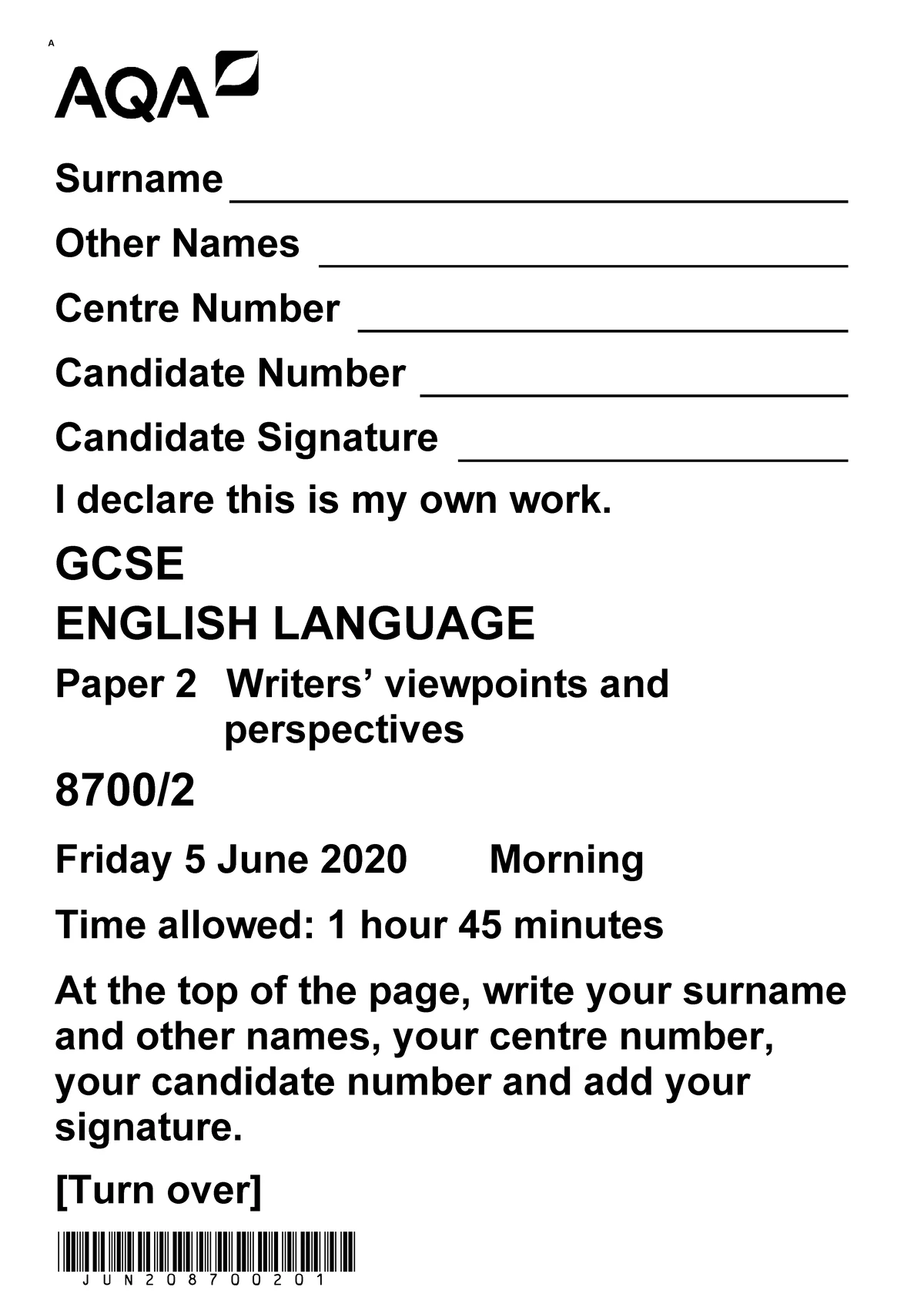 AQA 87001 INS MQP36A3 NOV20 - GCSE ENGLISH LANGUAGE Paper 1 ...