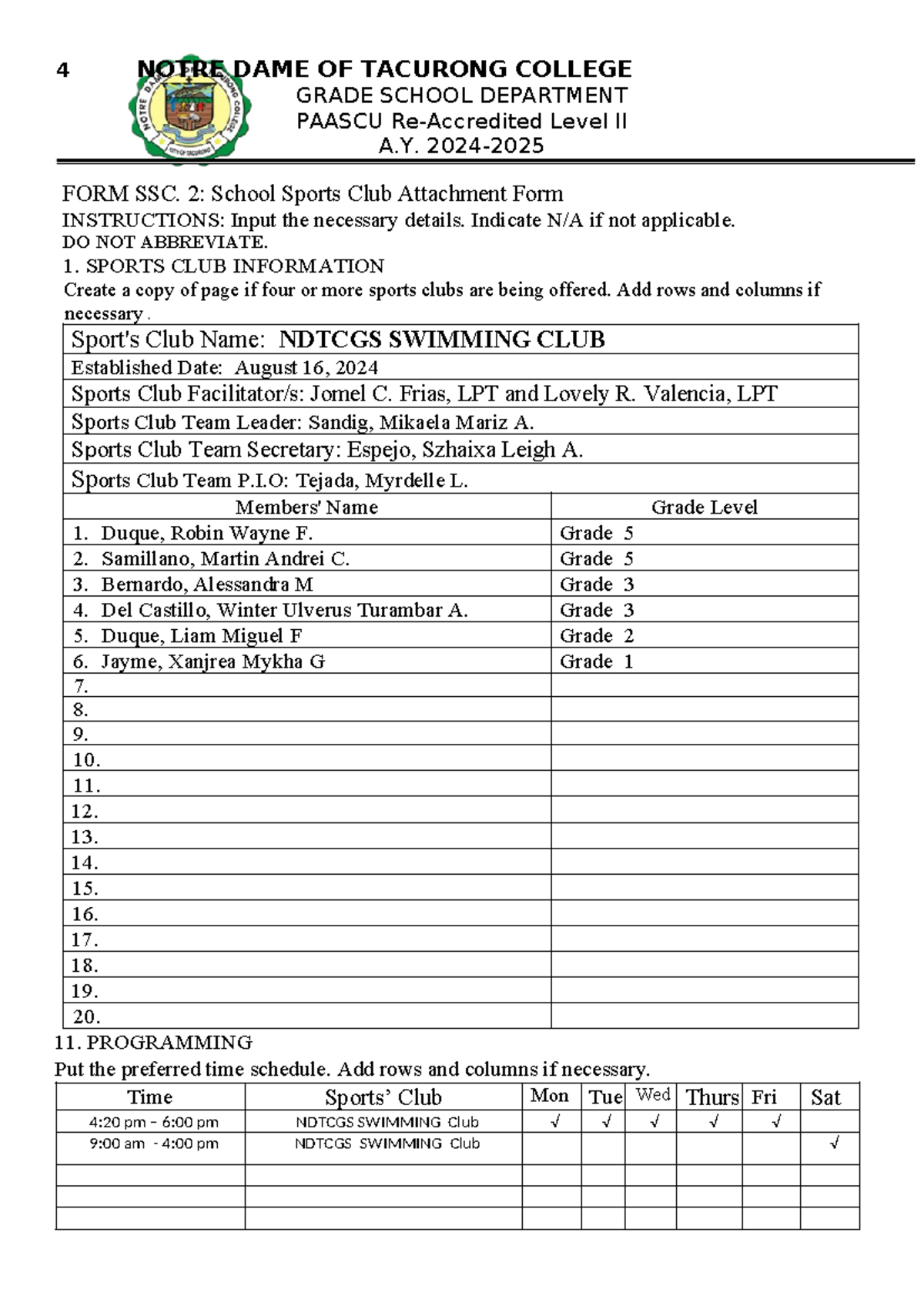 FORM-SSC 2024: School Sports Clubs Attachment Form - Studocu
