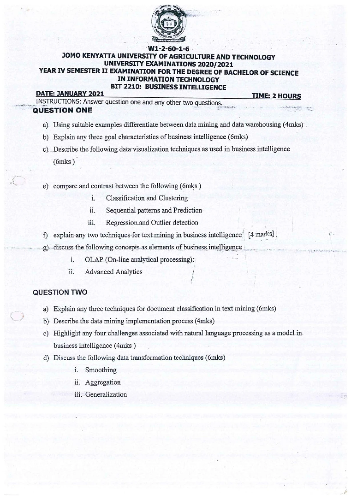 BIT 2210 Business Intelligence Exam Questions and Topics - Dec 2022 ...