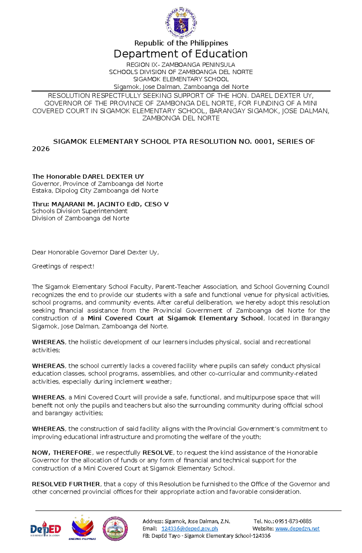 Resolution Request for Mini Covered Court Funding - Sigamok Elem ...