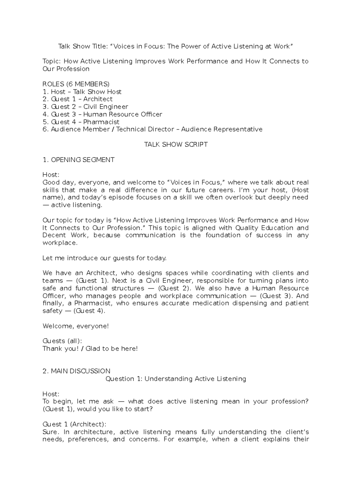 Talk Show Script: The Power of Active Listening in Professions - Studocu