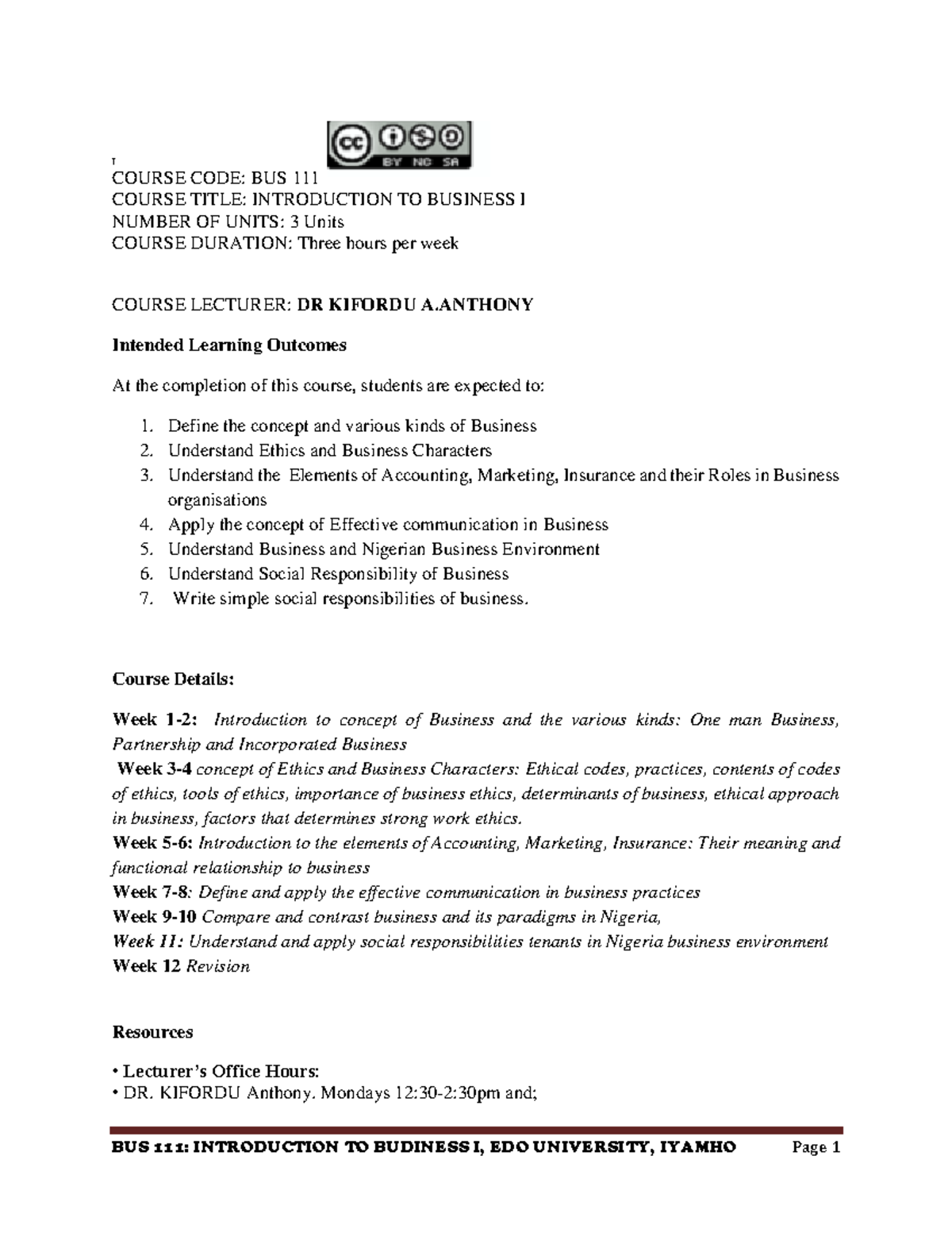 BUS 111: INTRODUCTION TO BUSINESS I - COURSE OVERVIEW AND SYLLABUS ...