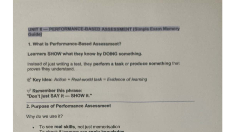UNIT 8: PERFORMANCE BASED ASSESSMENT - Simple Exam Memory Guide - Studocu