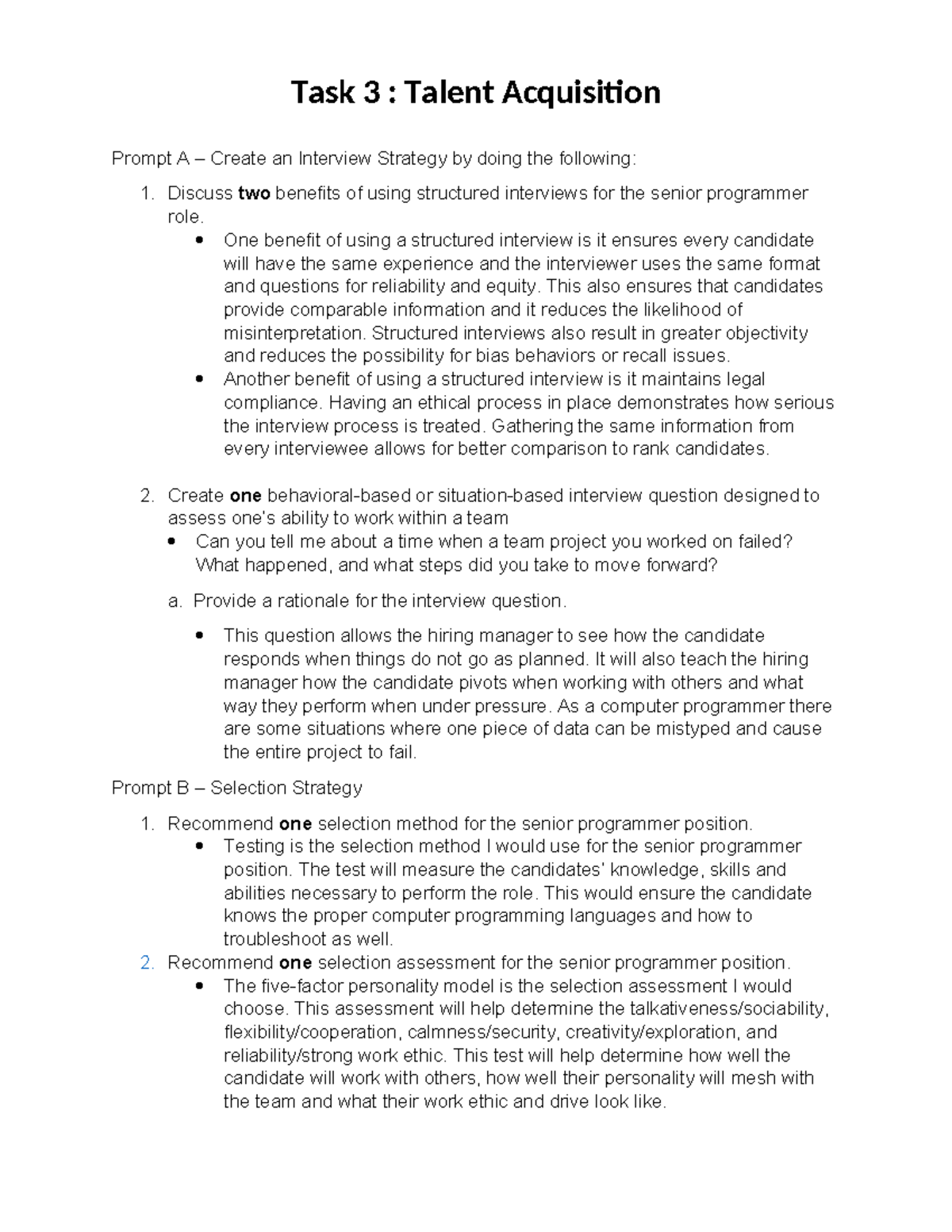 D354 Task 3: Interview & Selection Strategy for Senior Programmer - Studocu