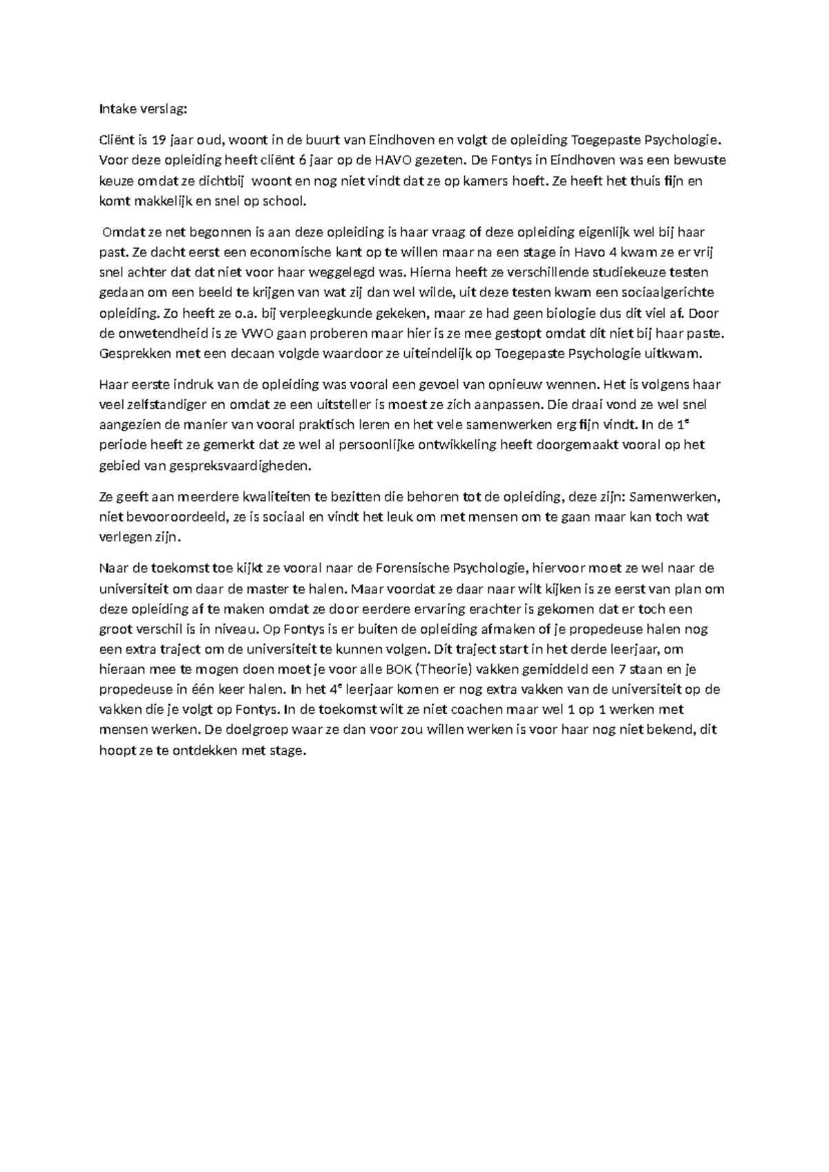 Verslag van Intake en Opleidingskeuze - Toegepaste Psychologie ...