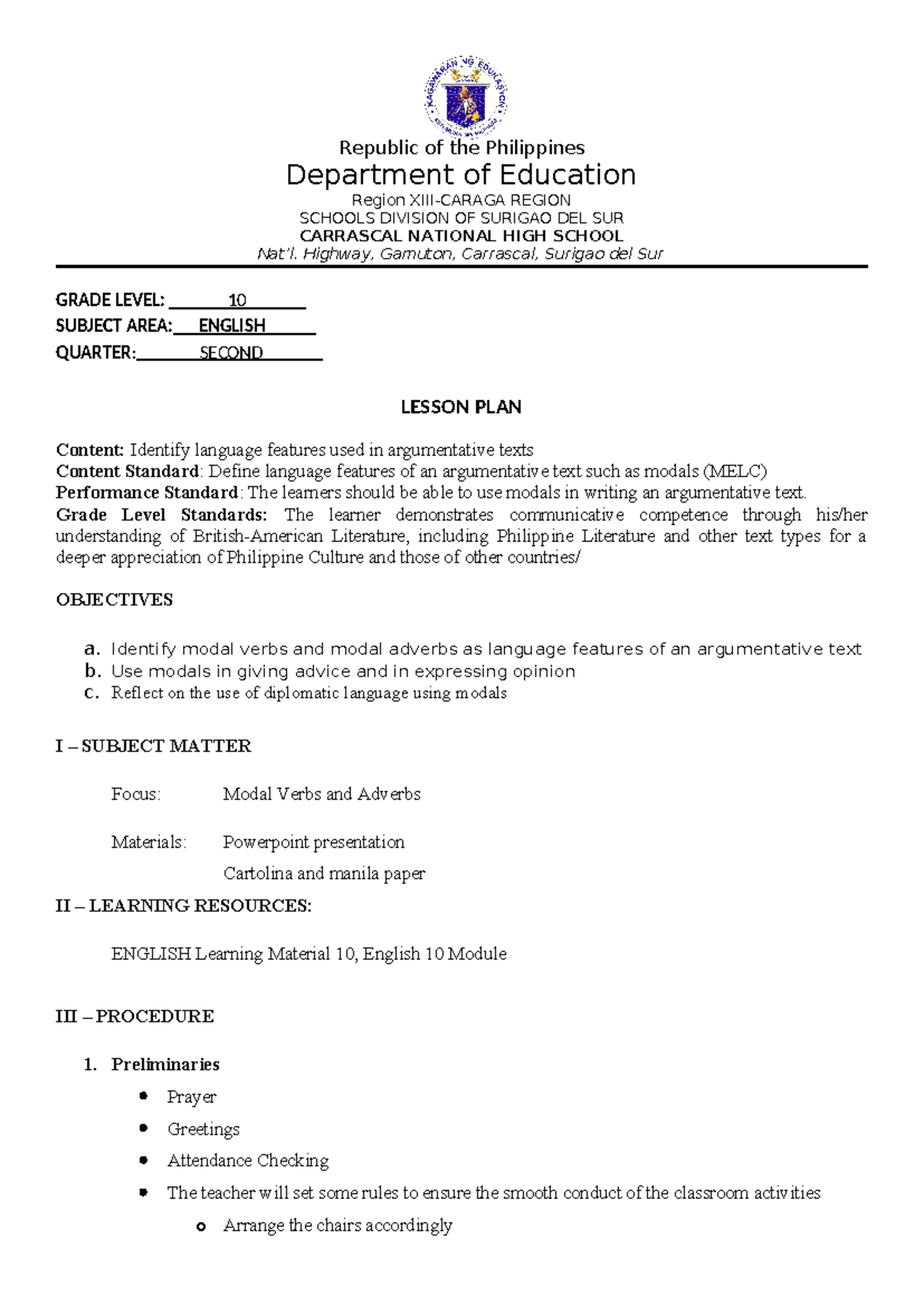 COT LP 2024 Q2 Week 7 - Lesson Plan Sample for English 10 - Republic of ...
