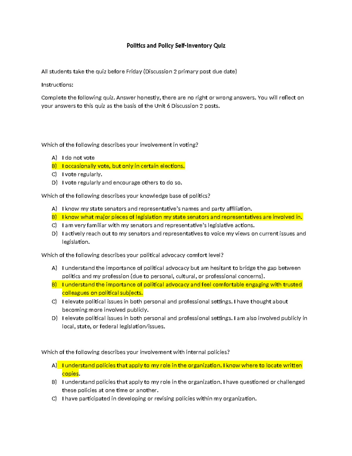 Unit 6 - Politics and Policy Self-Inventory Quiz Instructions - Studocu