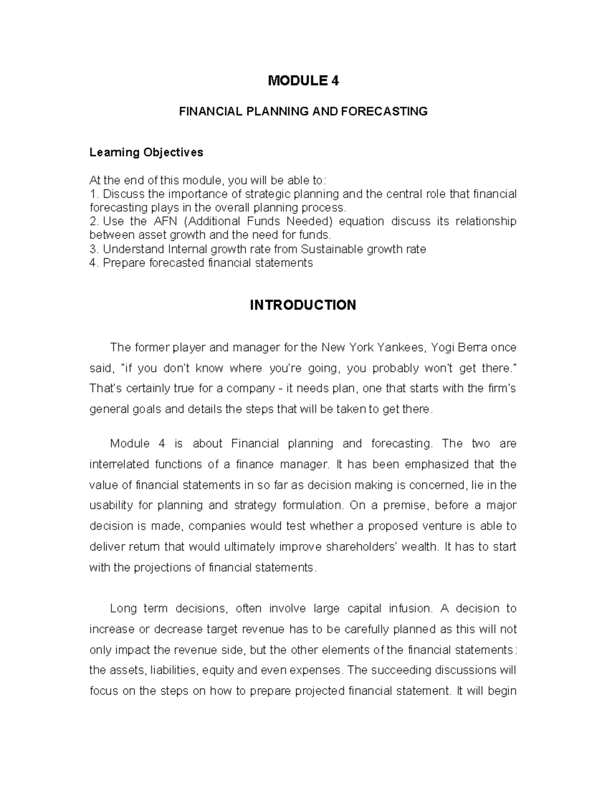 MODULE 4: FINANCIAL PLANNING & FORECASTING Overview and Key Concepts ...