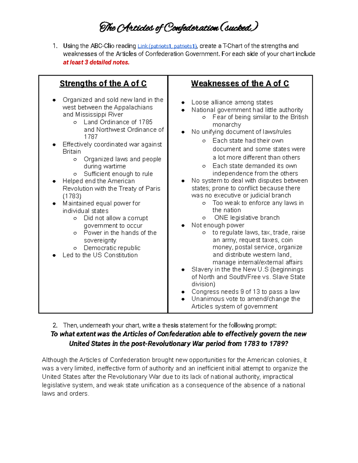 Articles of Confederation T-chart - The Articles of Confederation 