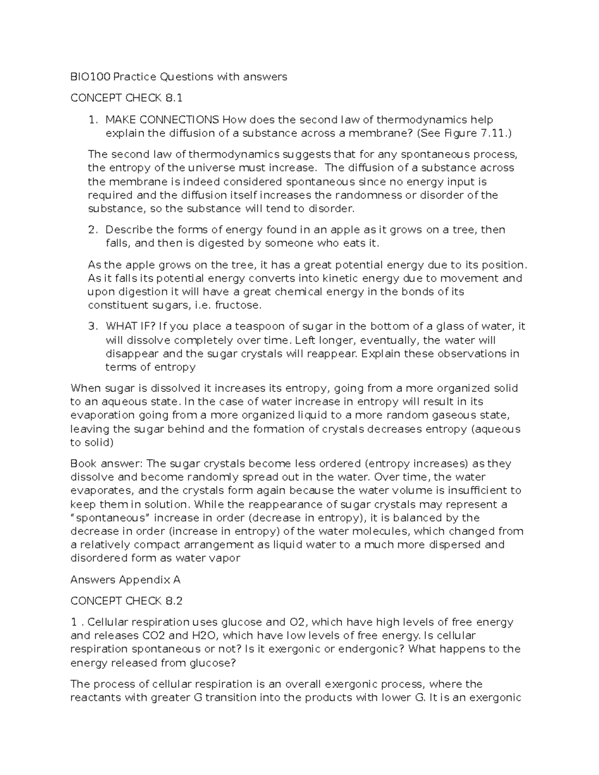 BIO100 Chapter 8 Concepts and Practice Questions with Answers - Studocu