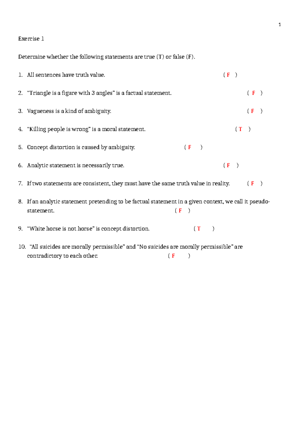 Logic Exercise 1: True or False Statements Analysis - Studocu