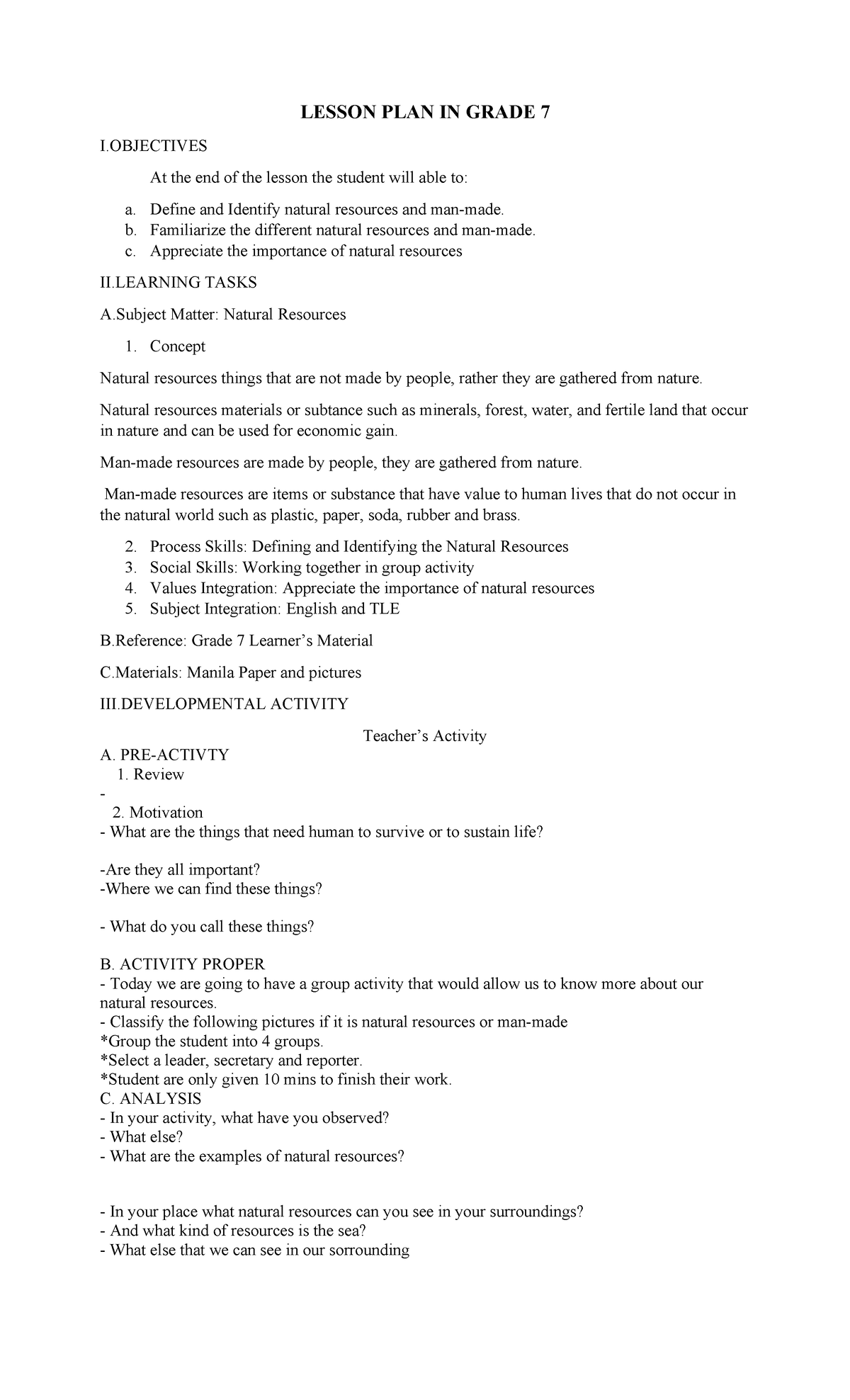 Natural resources - Learning is fun - LESSON PLAN IN GRADE 7 I At the ...