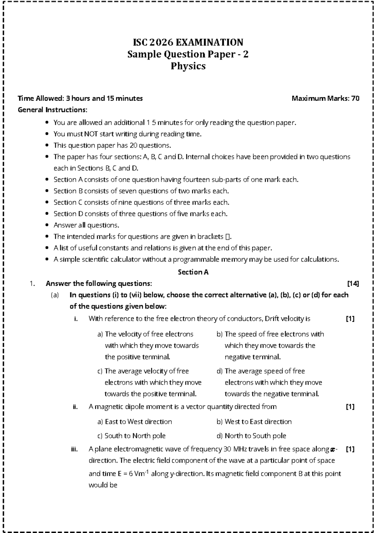 ISC 2026 PHYSICS Sample Question Paper 2 - Final Exam Guide - Studocu