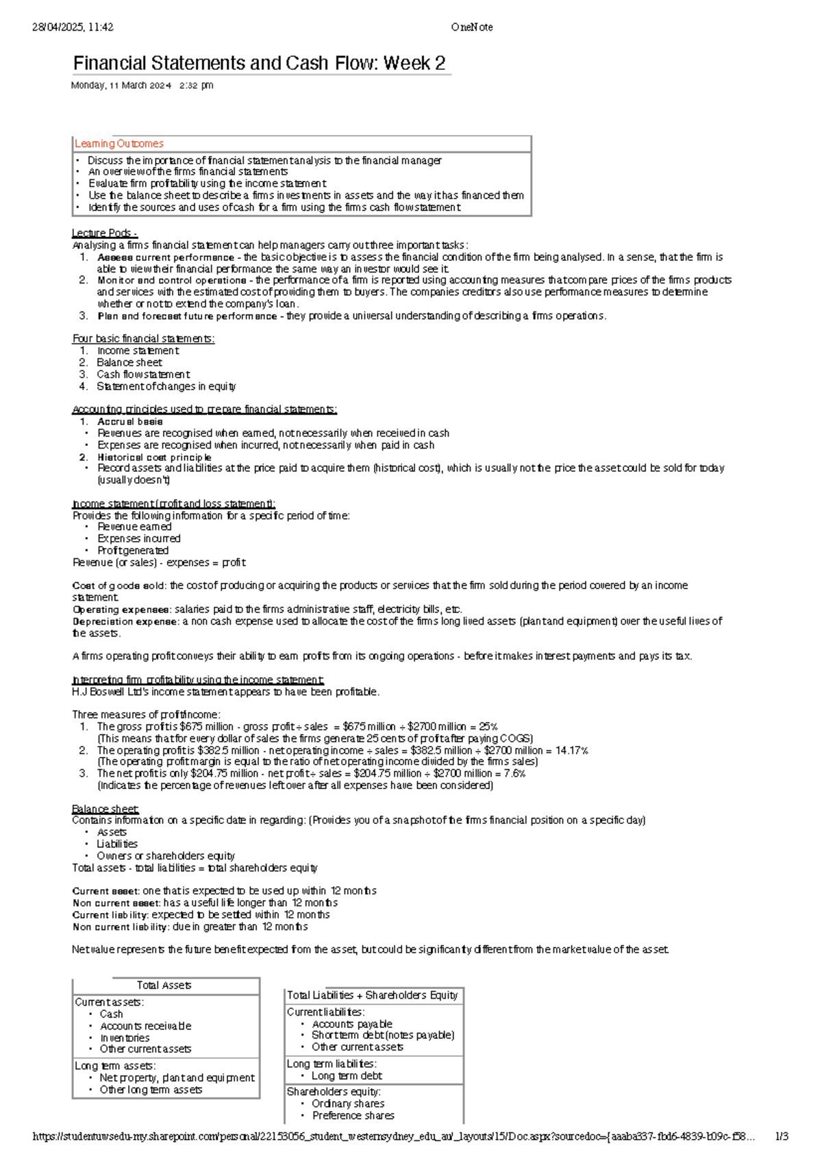 Financing Enterpises Notes Week 2 - Financial Statements and Cash Flow ...