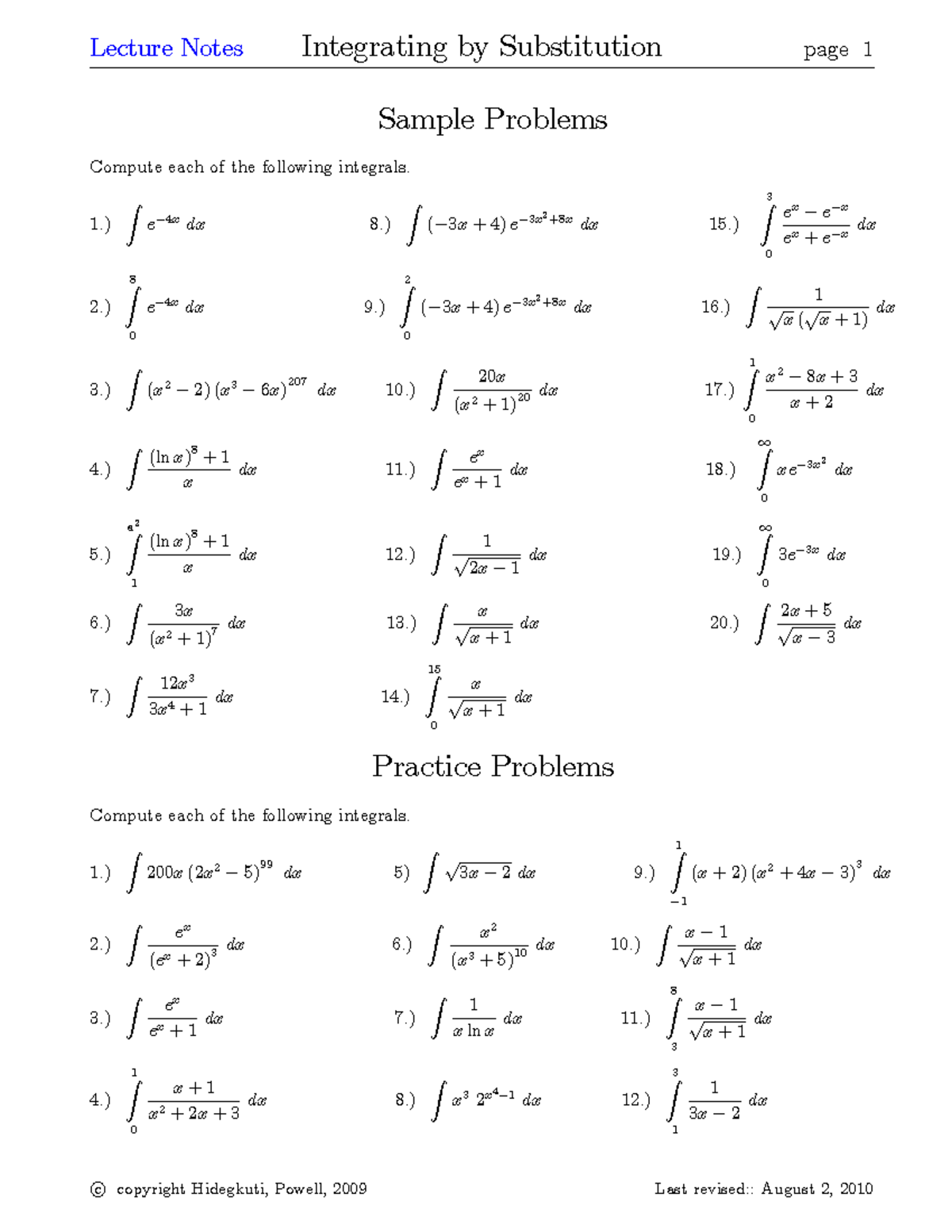 Substitution and Integration Techniques: Sample & Practice Problems ...