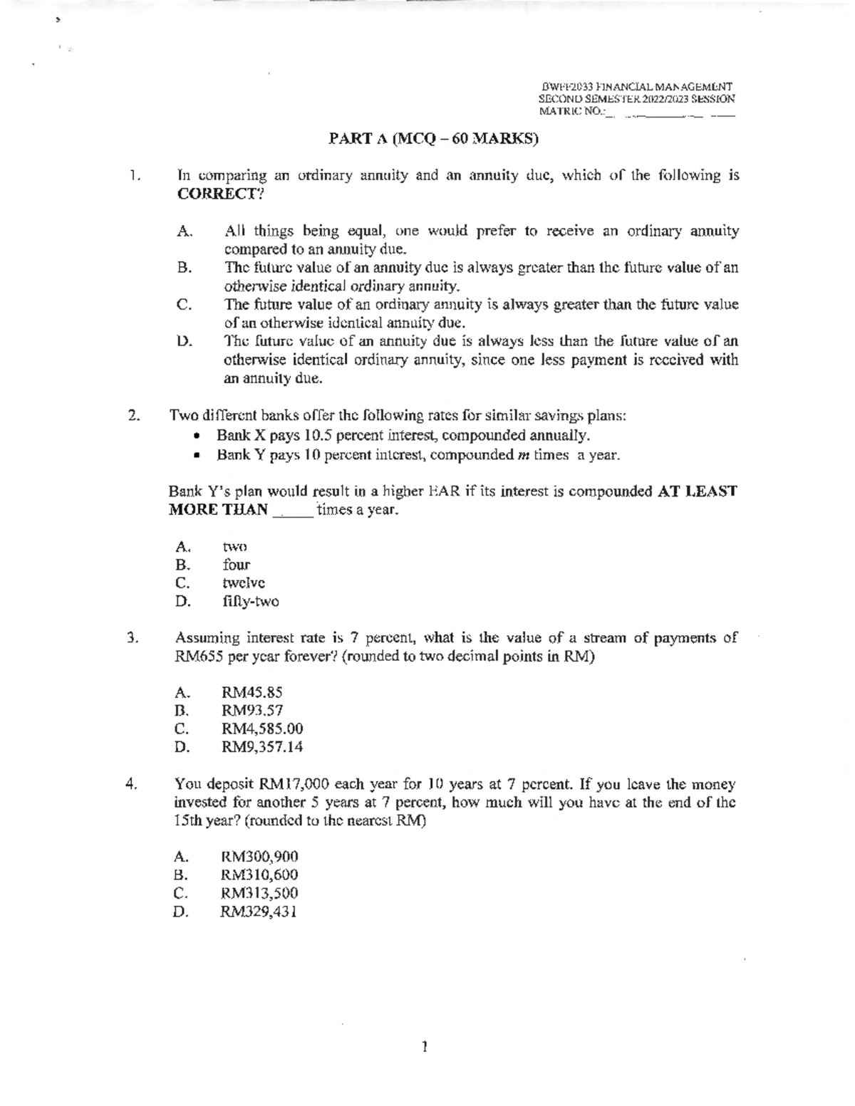 BWFF2033 Financial Management Final Exam Part A Questions and Solutions ...