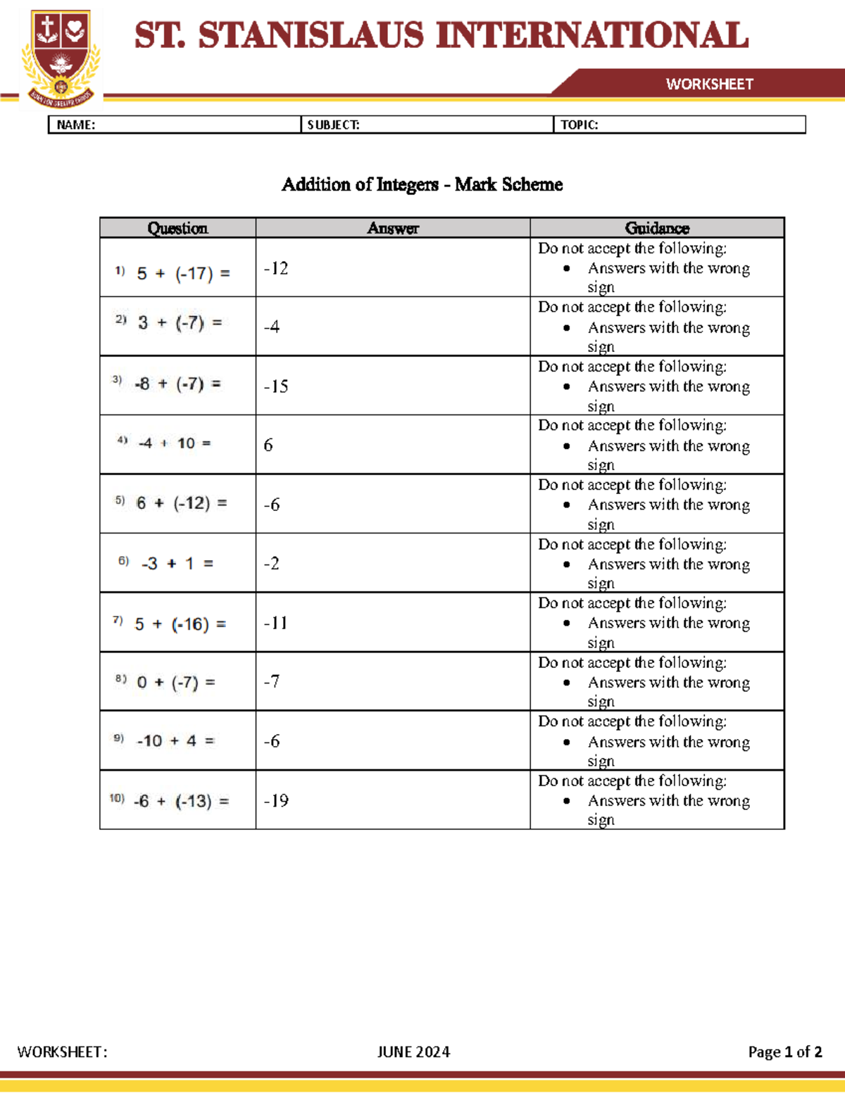 Addition of Integers - Mark Scheme (Worksheet: June 2024) - Studocu