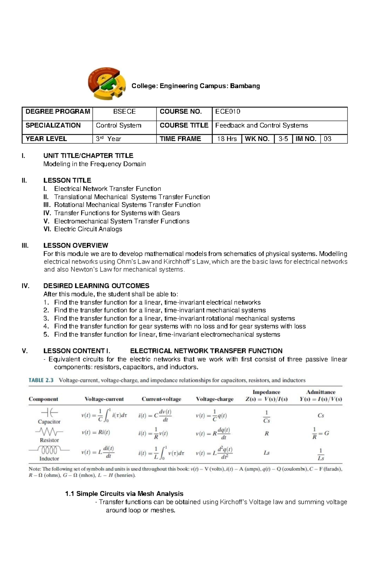 Feedback and Control Systems - ECE Lesson 3: Frequency Domain Modeling ...