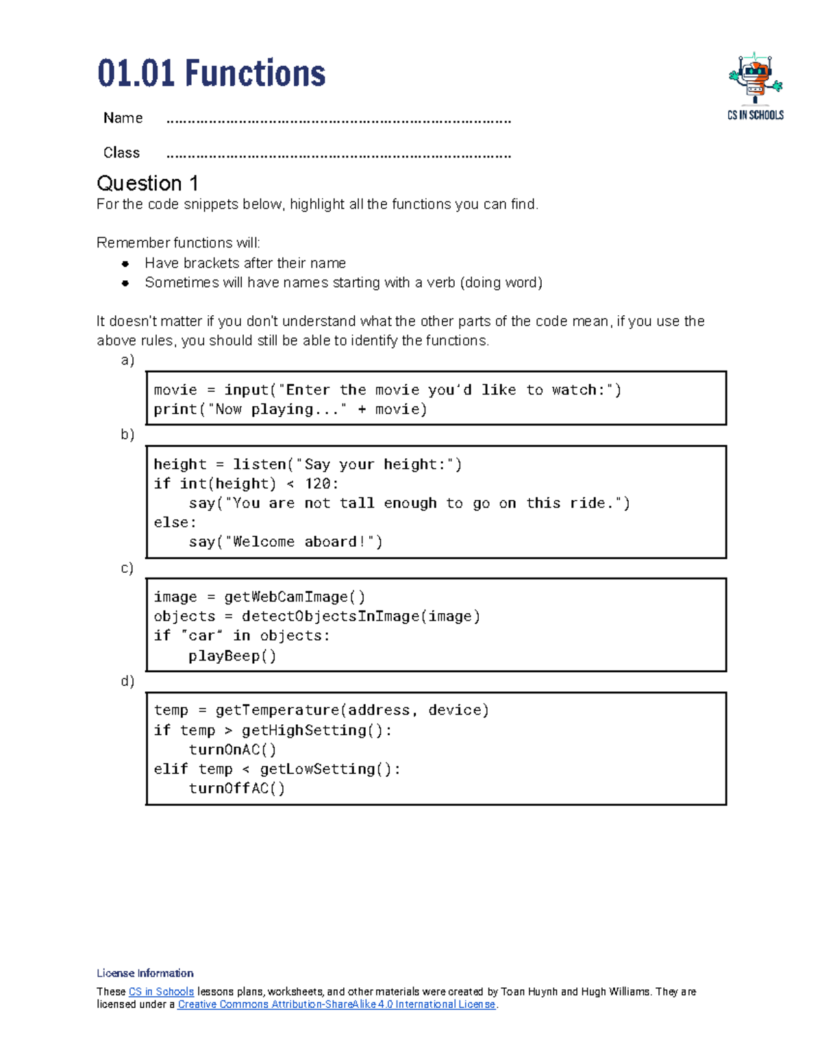 Worksheet 01.01 - Functions - 01 Functions Name - Studocu
