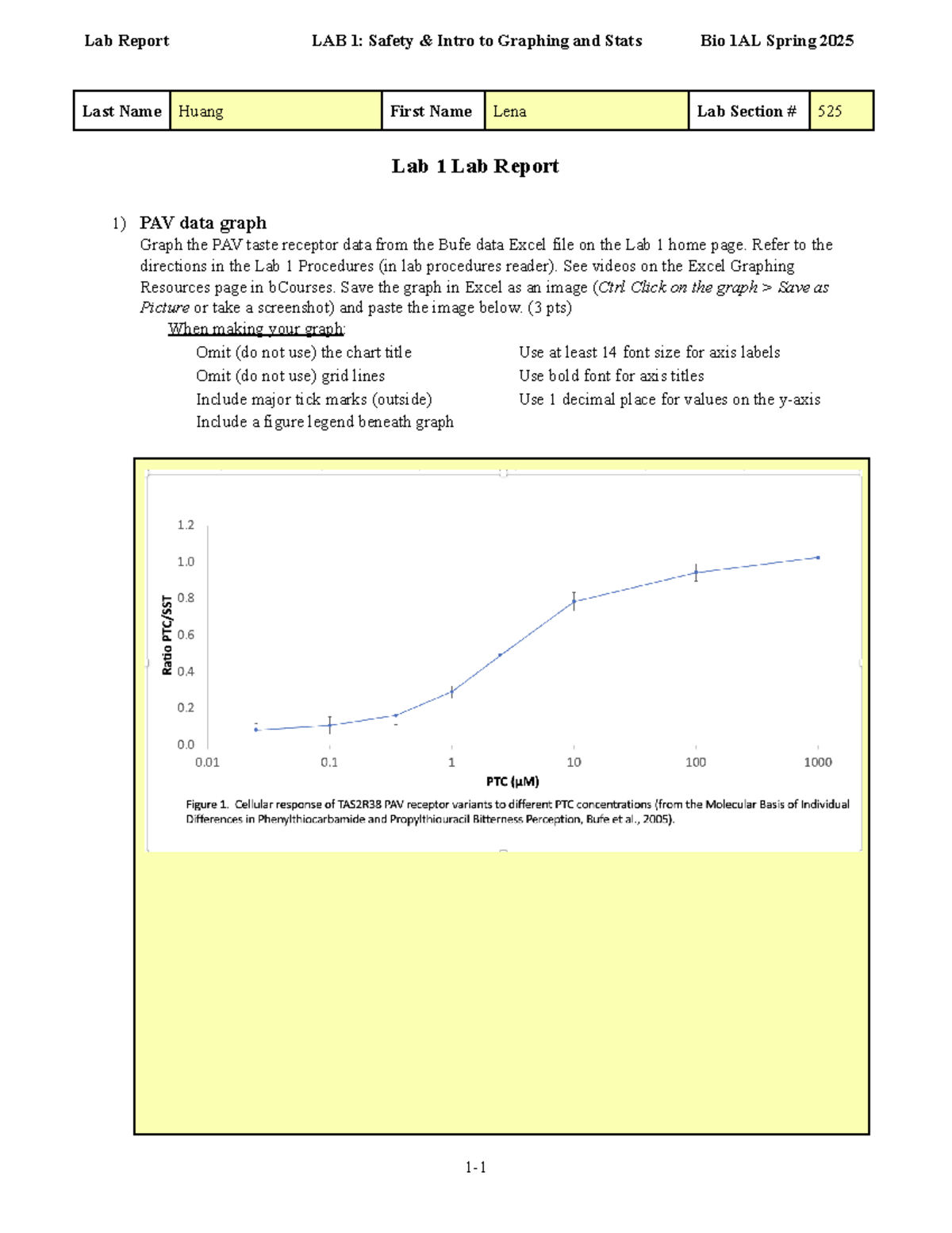 Lab 1 - Safety Excel Stats Lab Report Sp25 - Last Name Huang First Name ...
