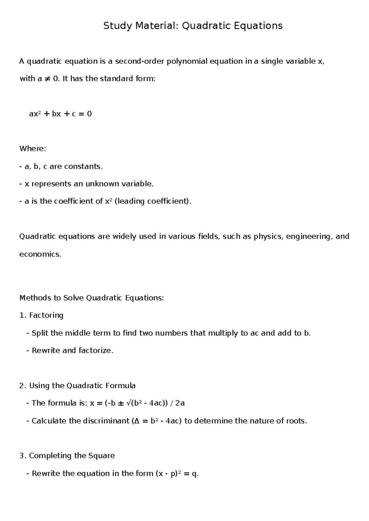 Quadratic Equations Study Material - Study Material: Quadratic ...