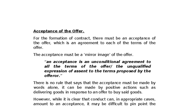 Tutorial 2 - Revising Acceptance - Acceptance of the Offer. For the ...