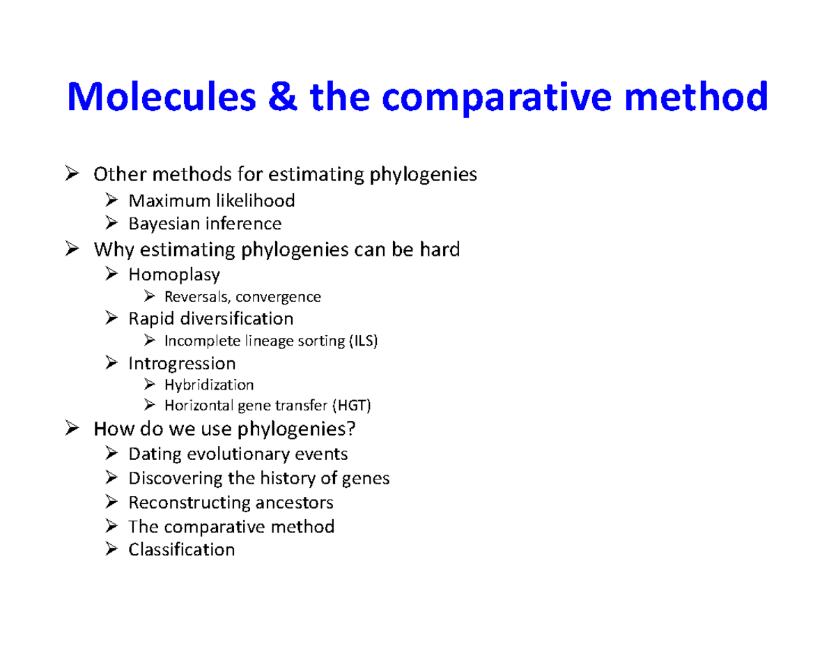 Lec 12: Molecules & Comparative Method in Phylogenetics 2026F - Studocu