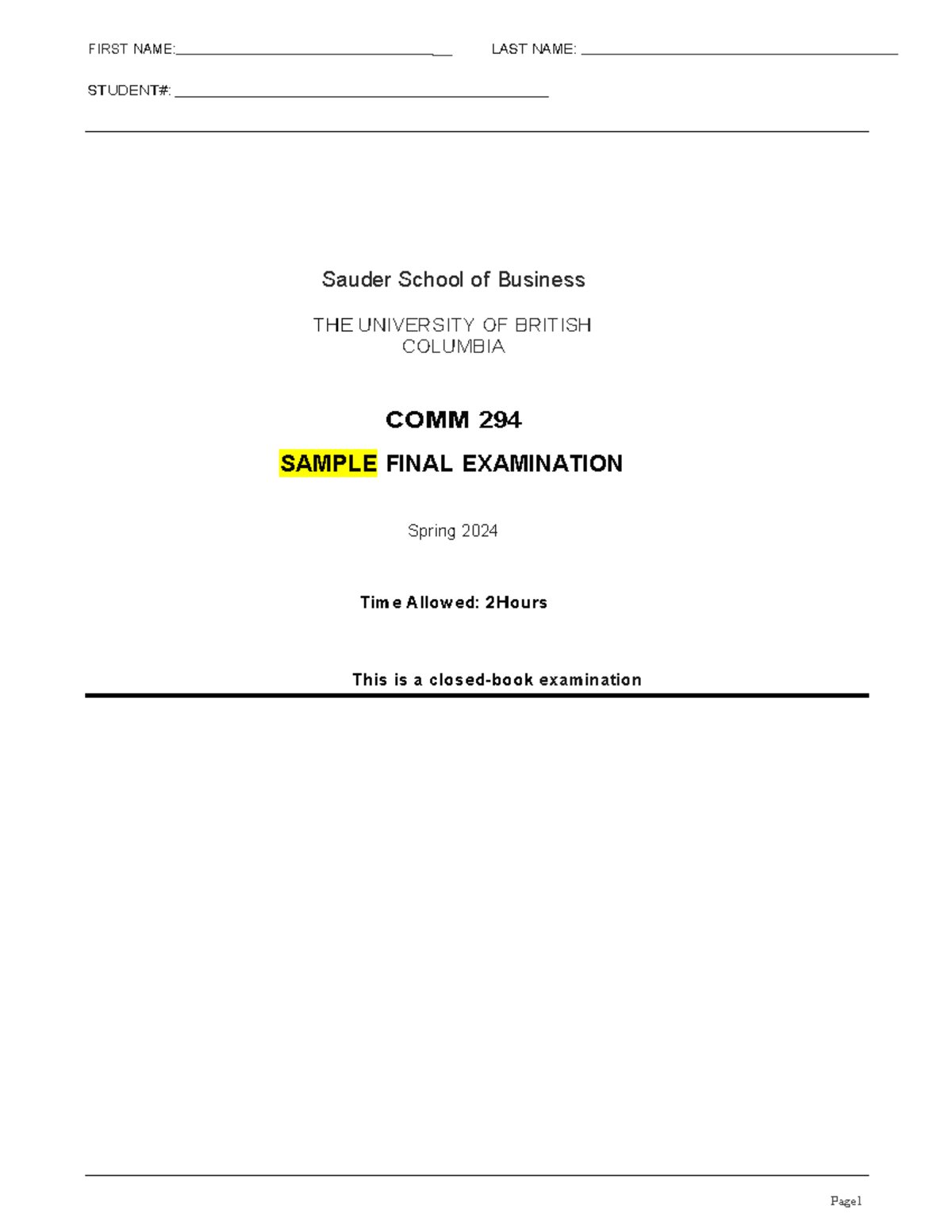 COMM 294 Sample Final Exam - Spring 2024 Analysis and Questions - Studocu