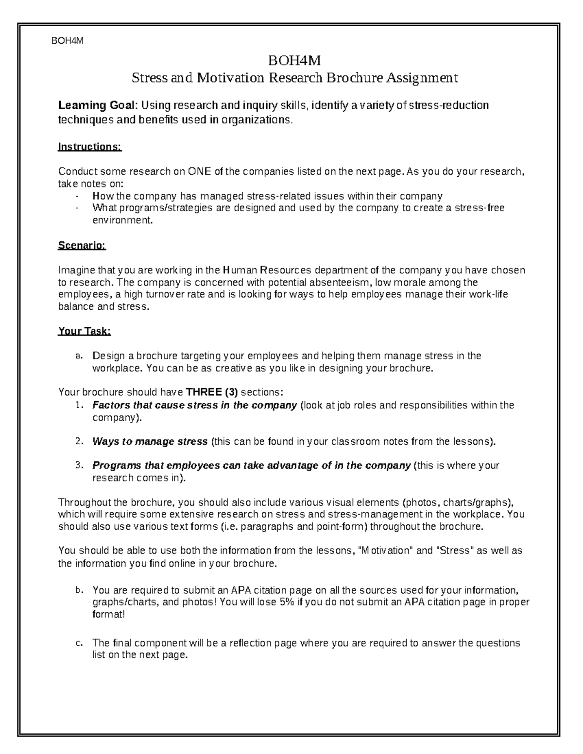 BOH4M Stress and Motivation Research Brochure Assignment Guide - Studocu