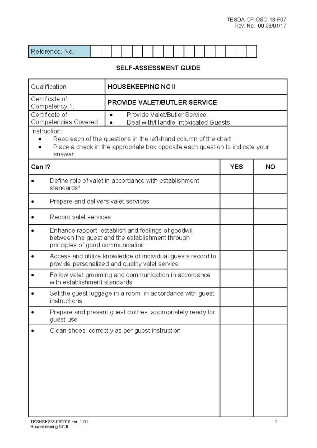 Housekeeping NC II (COC1) - TESDA-OP-QSO-13-F Rev. No. 00 03/01 ...