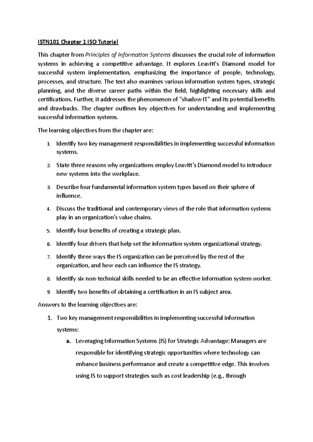 ISTN101 Chapter 1 Model Answers for ISO Tutorial Learning Objectives ...