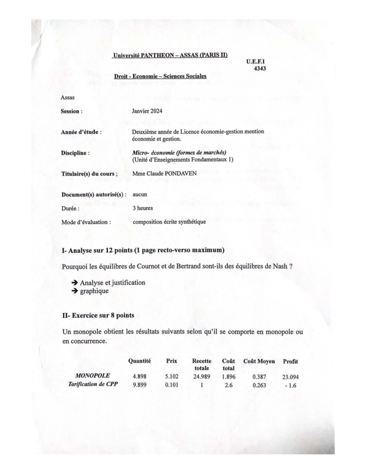 U.E.F.1 4343 Microéconomie - Analyse des Équilibres de Marché - Studocu