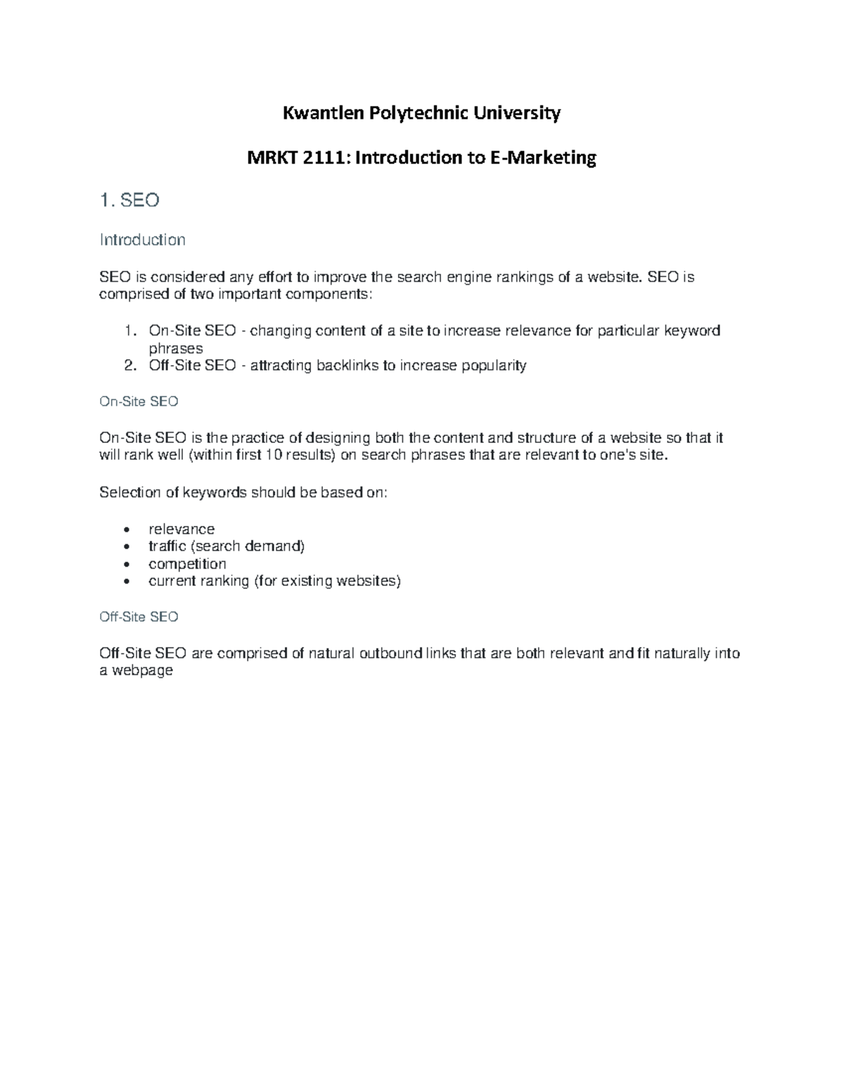 MRKT 2111 note - In-class lecture notes. - Kwantlen Polytechnic ...