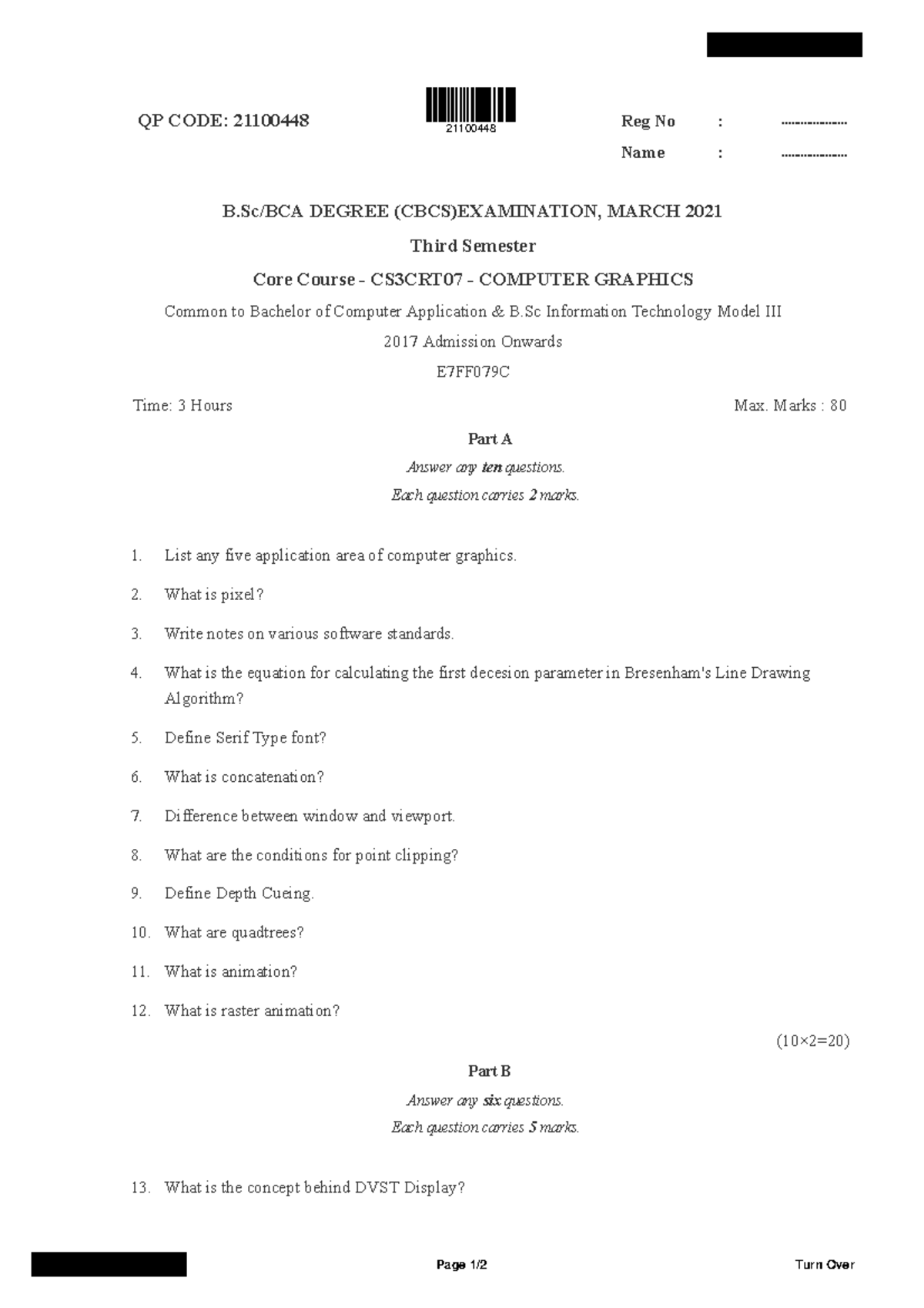 BSc BCA 3rd Sem Core Exam: Computer Graphics QP 21100448 March 2021 ...