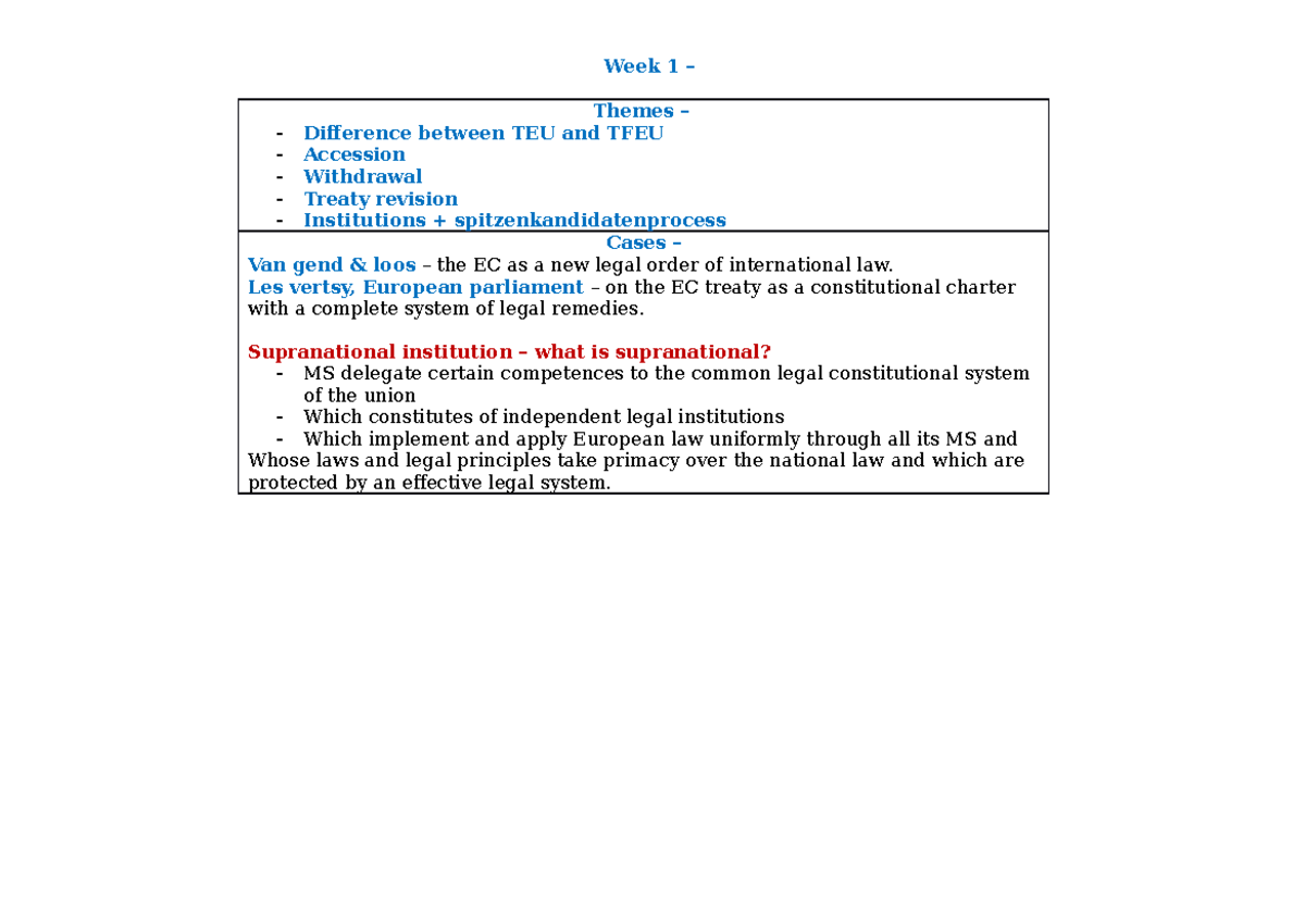 EU Law Lecture Notes: Week 1 Summary on TEU and TFEU - Studeersnel
