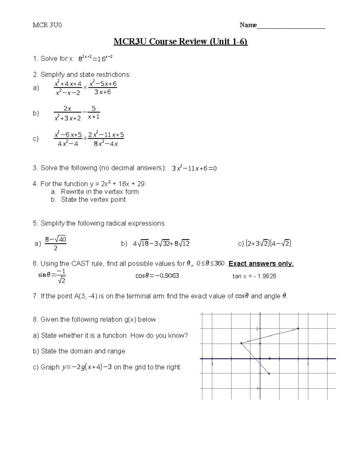 MCR 3U0 Course Review: Unit 1 Exam Prep and Key Concepts - Studocu