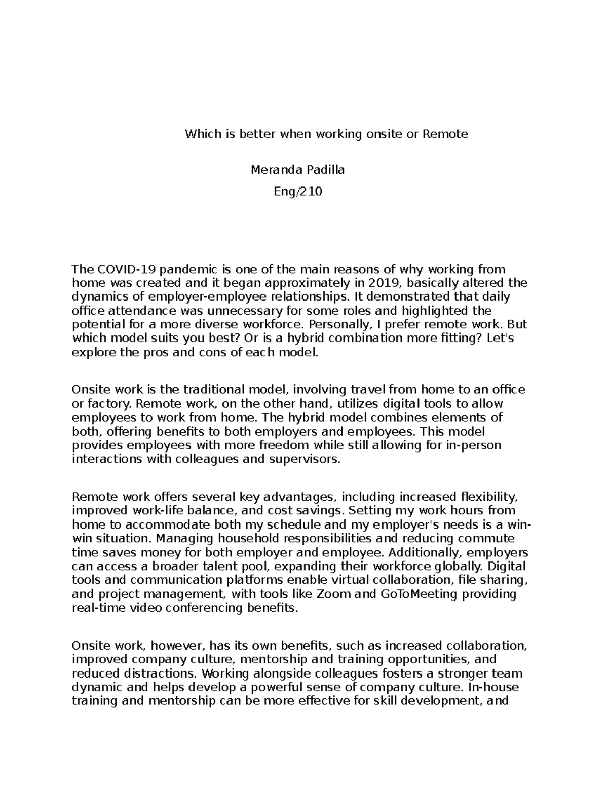 Week 3 argument assignment - Which is better when working onsite or ... image.