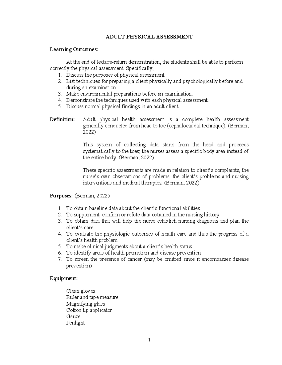 ADULT PHYSICAL ASSESSMENT: Comprehensive Procedure Guide - Studocu