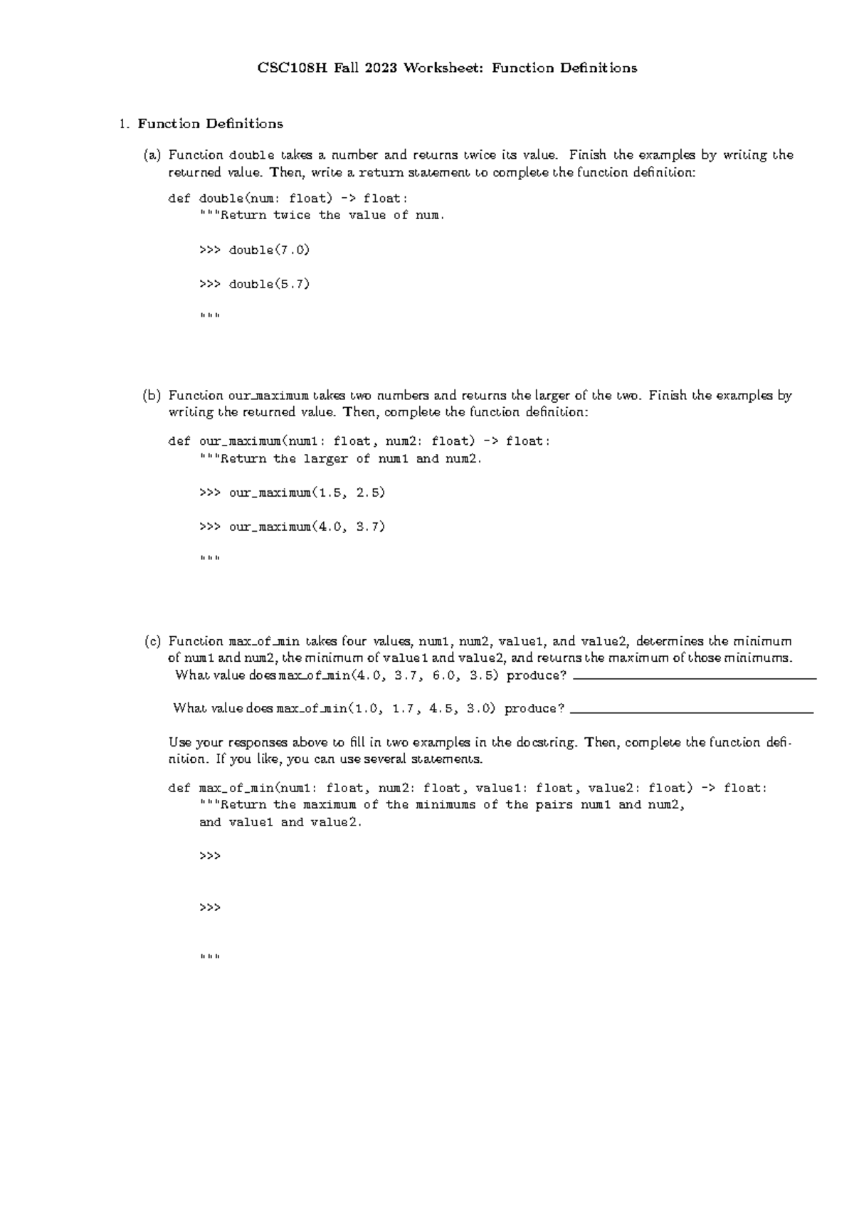 Intro func defns worksheet - CSC108H Fall 2023 Worksheet: Function ...
