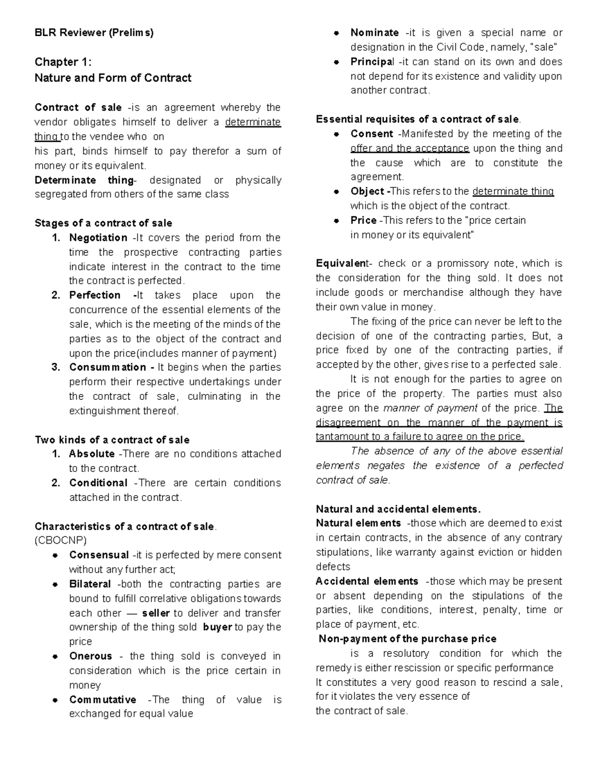 BLR 101: Sales Law Review for Prelims - Nature and Form of Contracts ...