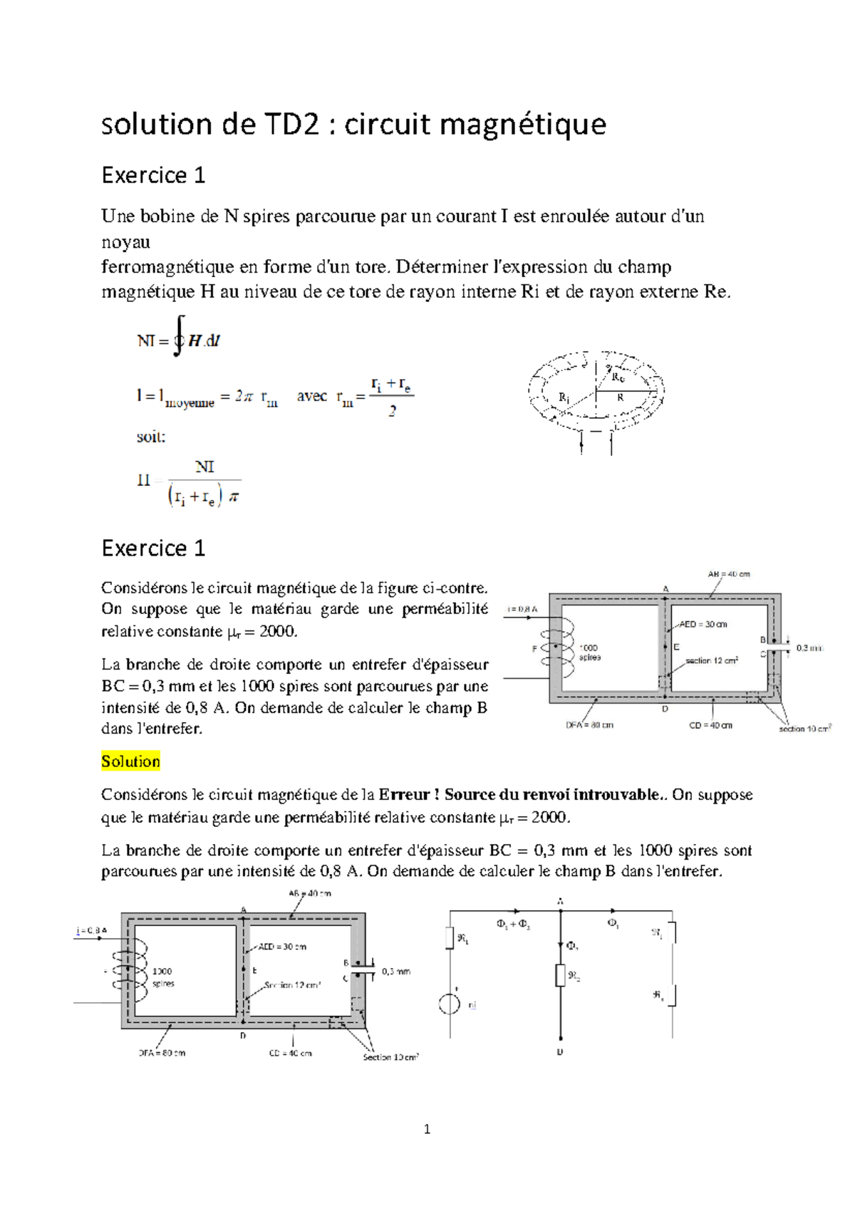 Solution TD2 : Circuit Magnétique - Exercices et Résolutions - Studocu