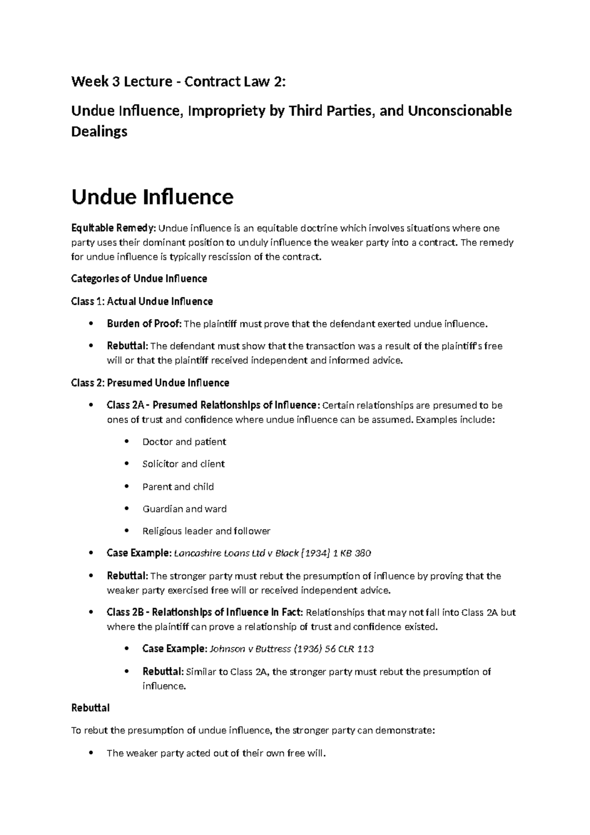 Week 3 Lecture Contract Law 2: Understanding Undue Influence ...