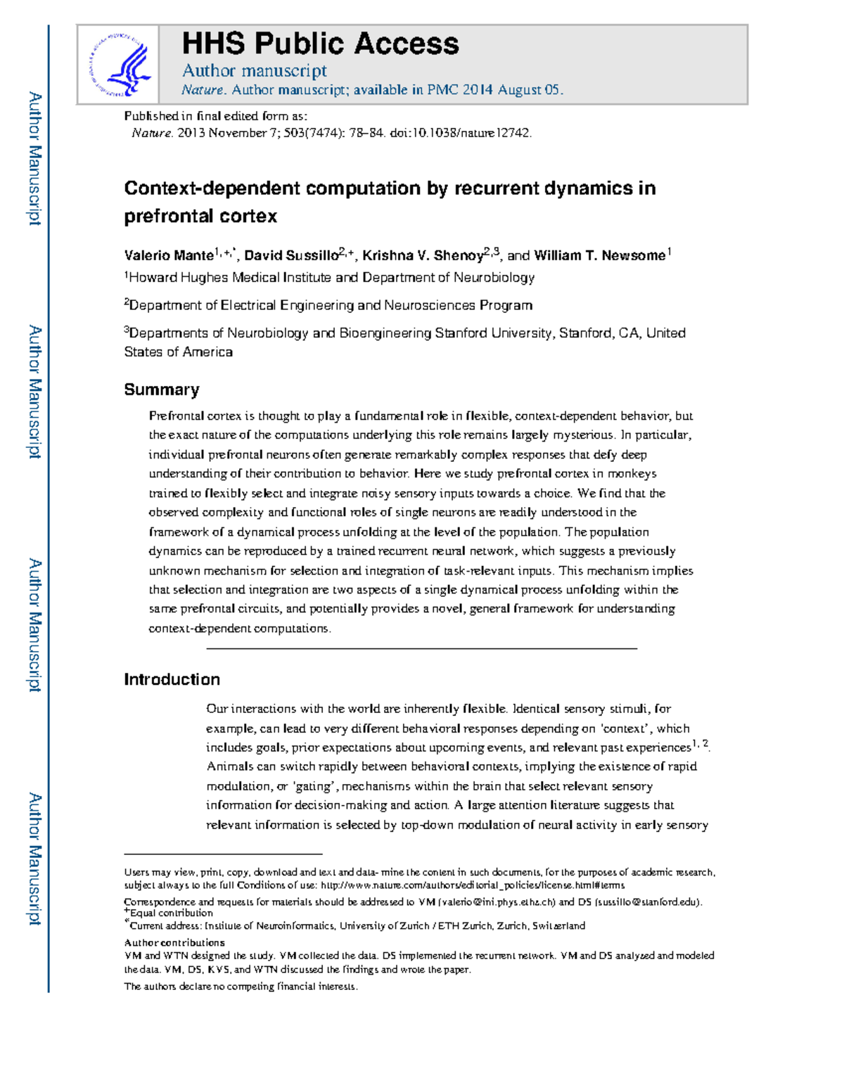 Neuroscience Paper: Recurrent Dynamics in Prefrontal Cortex (HHS 530595 ...