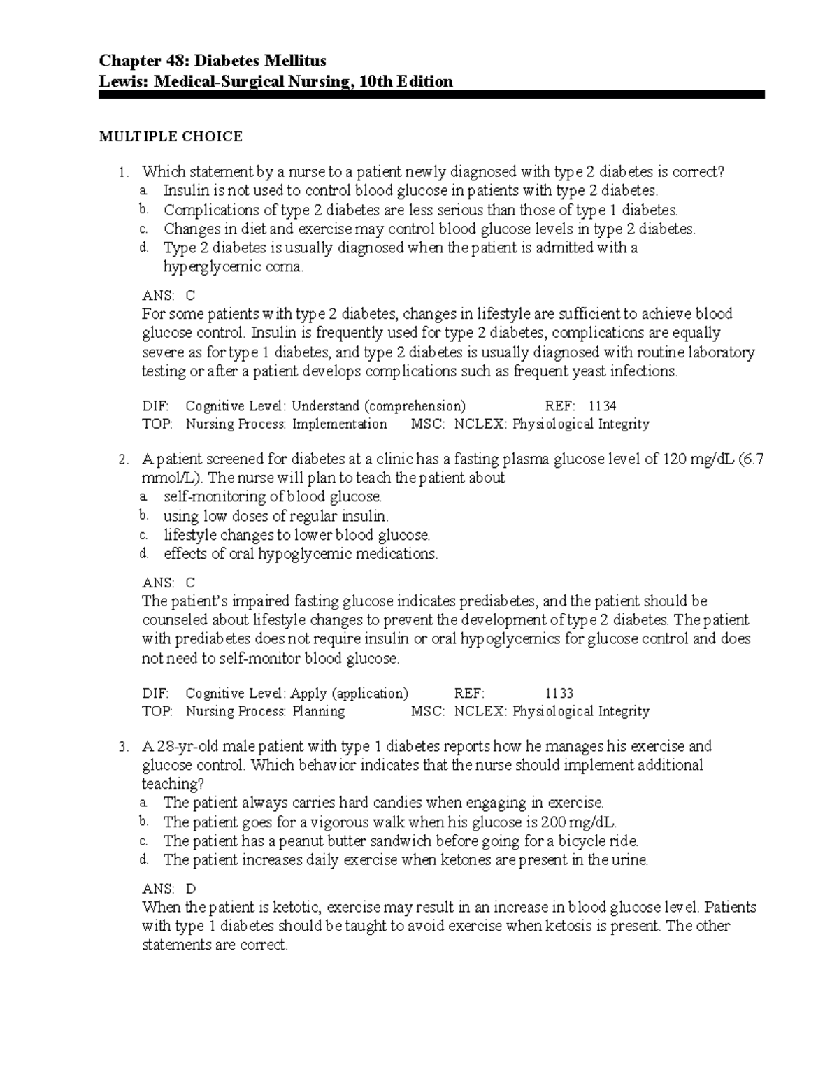 C48 - Chapter 48 Diabetes Mellitus Test Bank Questions - Studocu