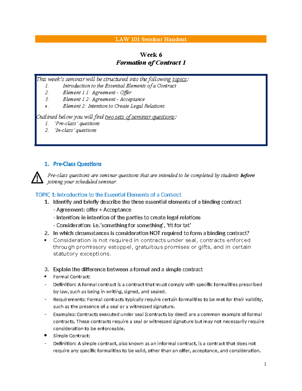 LAW 101 Seminar Handout: Formation of Contract - Week 6 Guide - Studocu