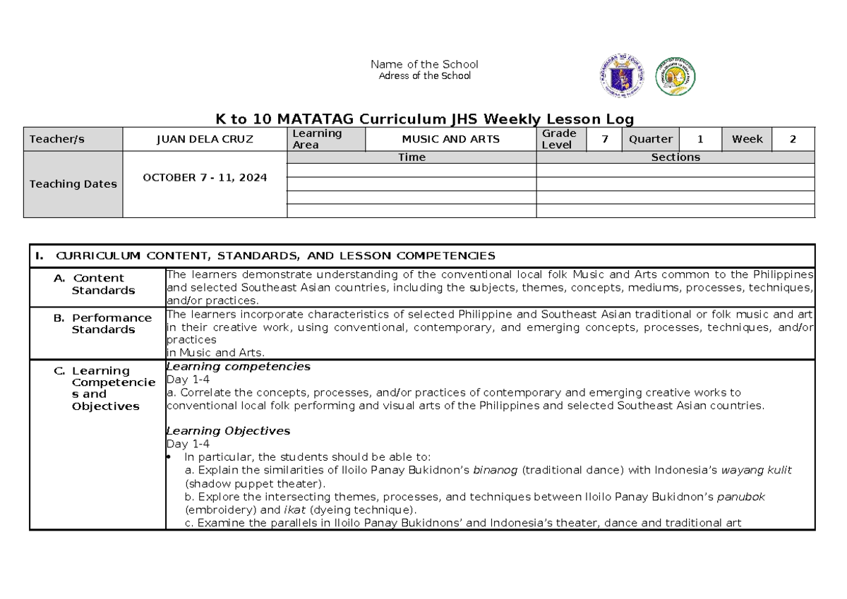 DLL Matatag Week 2 Music & Arts Grade 7 Lesson Log - Studocu