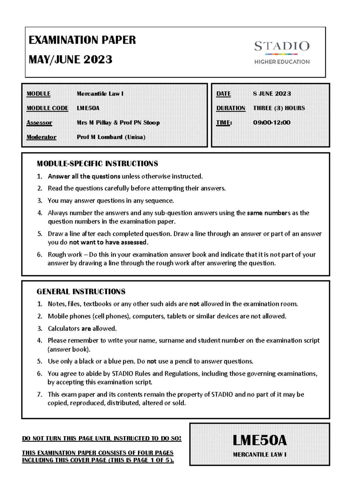 LME50A Mercantile Law I May/June 2023 Exam Paper - Studocu