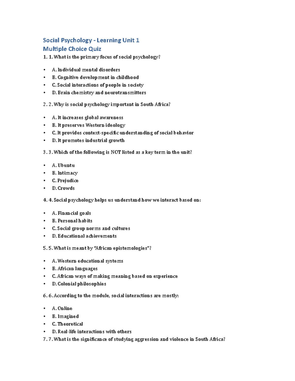 Social Psychology PSY101 Unit 1 Multiple Choice Quiz - Studocu